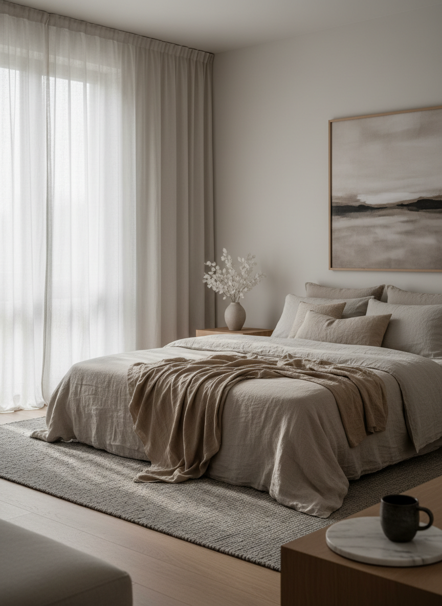 A calm bedroom with natural linen bedding, soft window light, and minimal furnishings